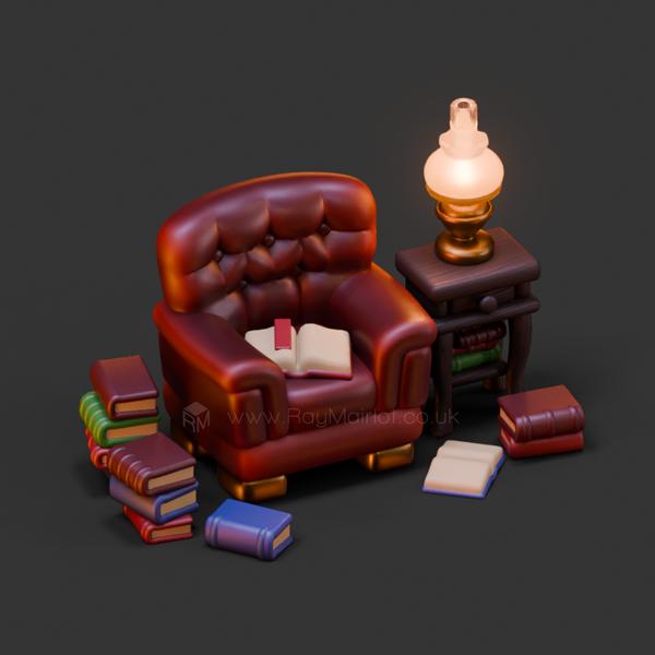 A 3D render of a cute, red armchair surrounded by piles of books with a small table and table lamp next to it.